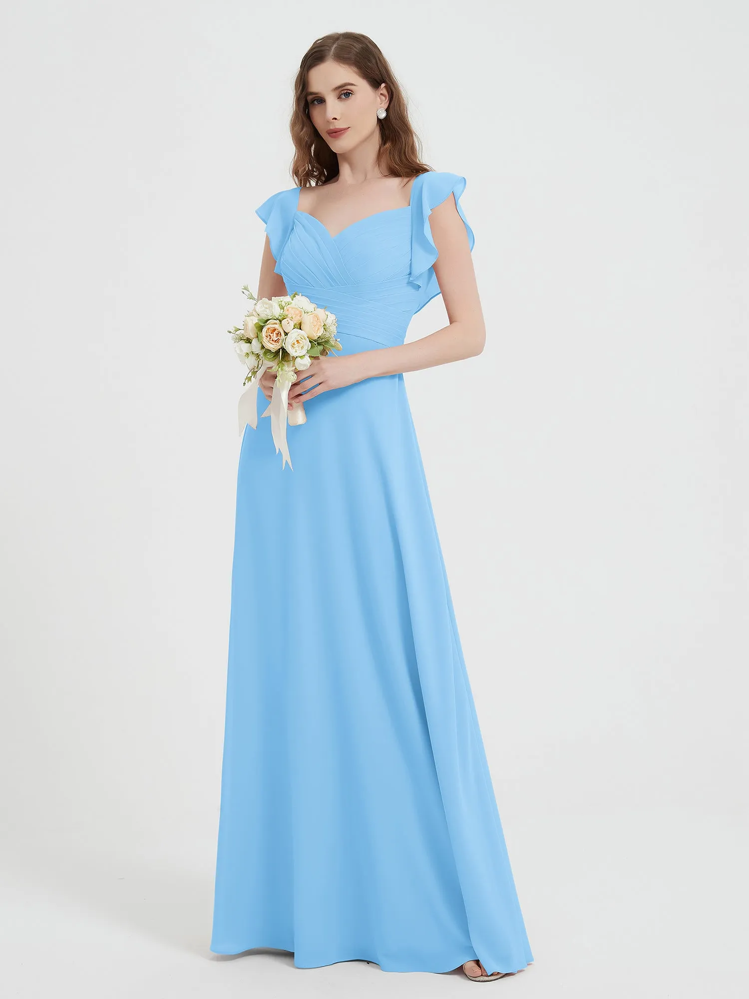A-line Flutter Sleeves Chiffon Pleated Dress Blue