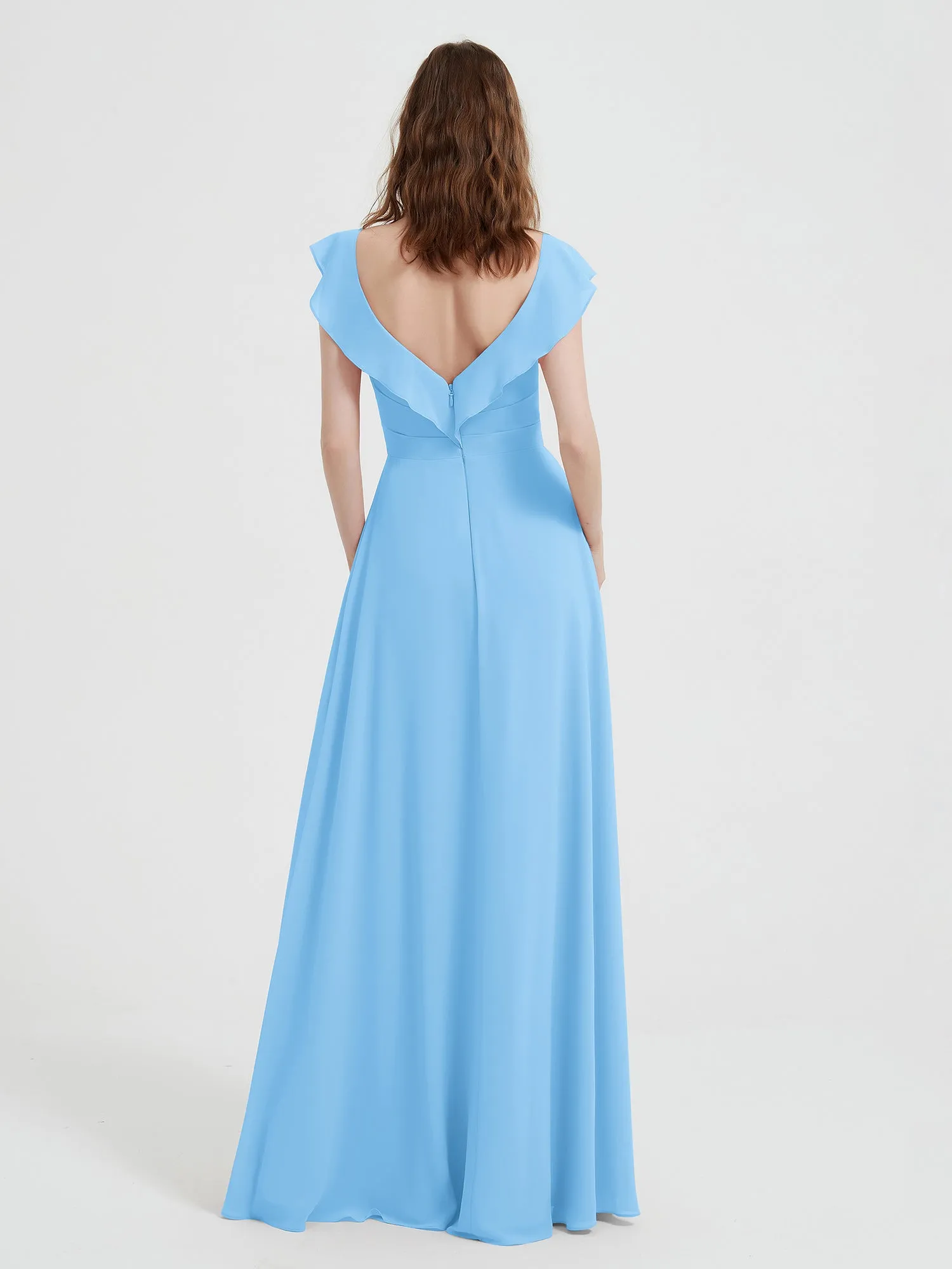 A-line Flutter Sleeves Chiffon Pleated Dress Blue