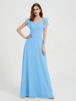 A-line Flutter Sleeves Chiffon Pleated Dress Blue