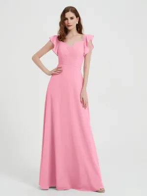 A-line Flutter Sleeves Chiffon Pleated Dress Candy Pink