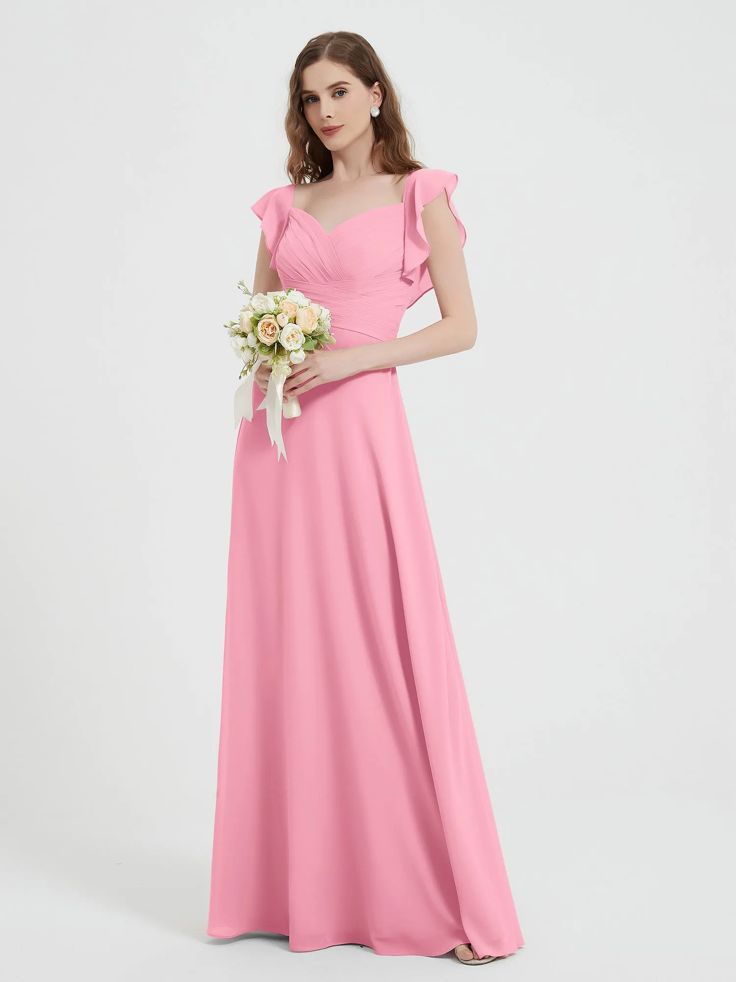 A-line Flutter Sleeves Chiffon Pleated Dress Candy Pink