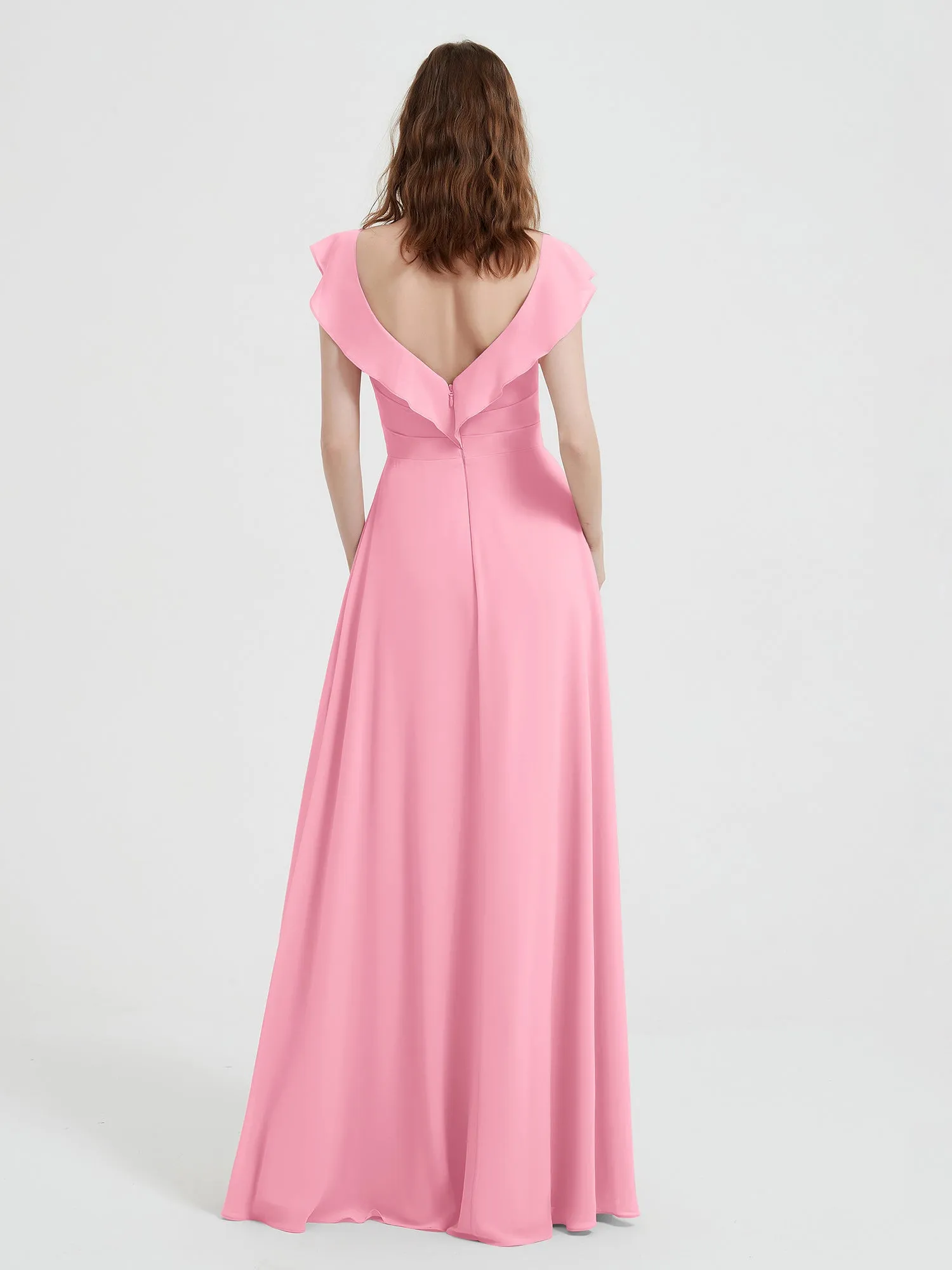 A-line Flutter Sleeves Chiffon Pleated Dress Candy Pink