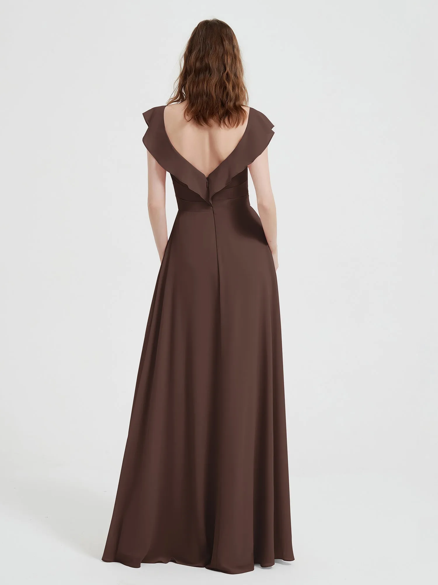 A-line Flutter Sleeves Chiffon Pleated Dress Chocolate