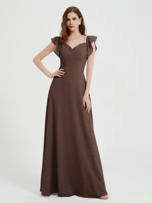 A-line Flutter Sleeves Chiffon Pleated Dress Chocolate