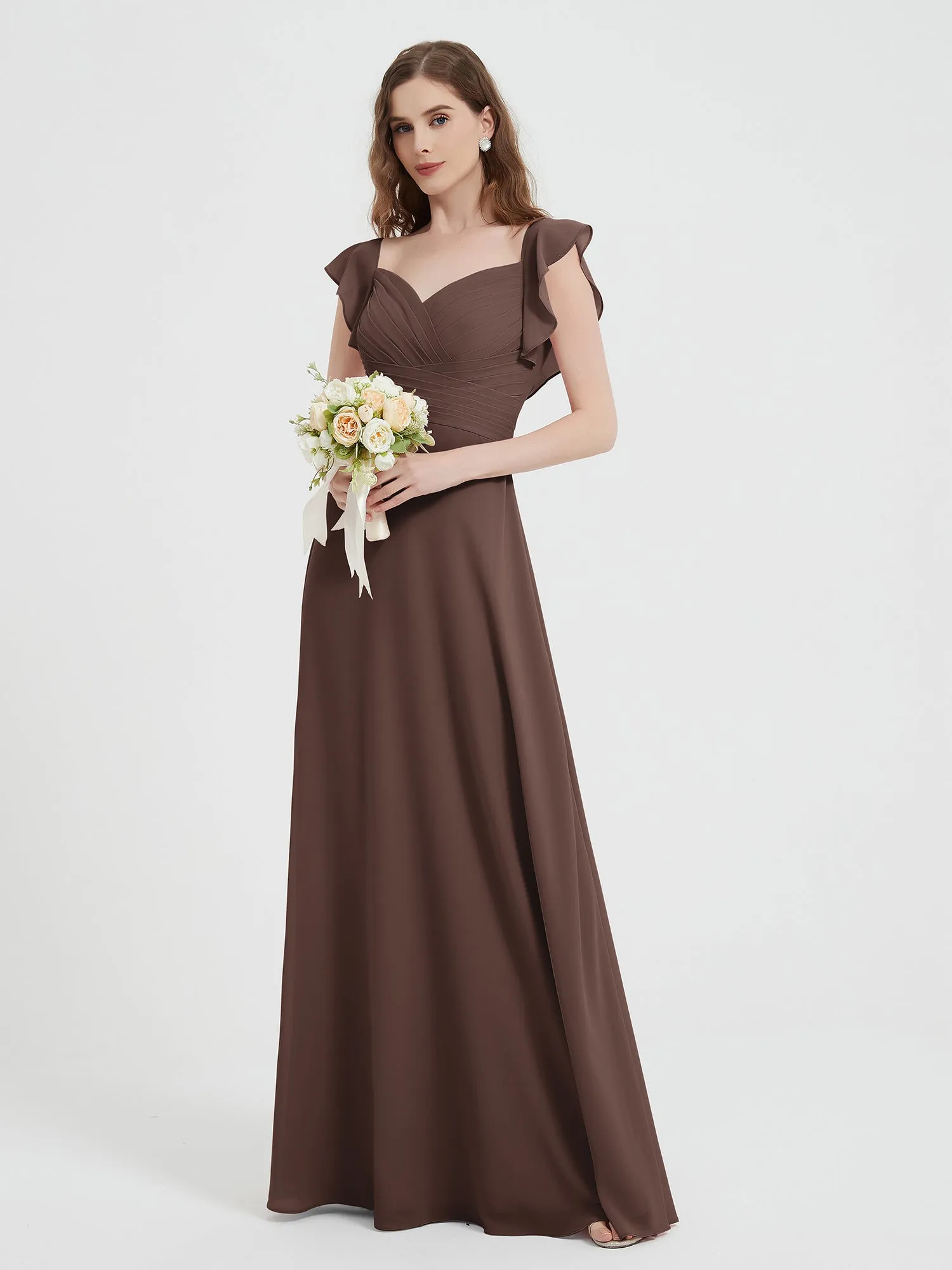 A-line Flutter Sleeves Chiffon Pleated Dress Chocolate