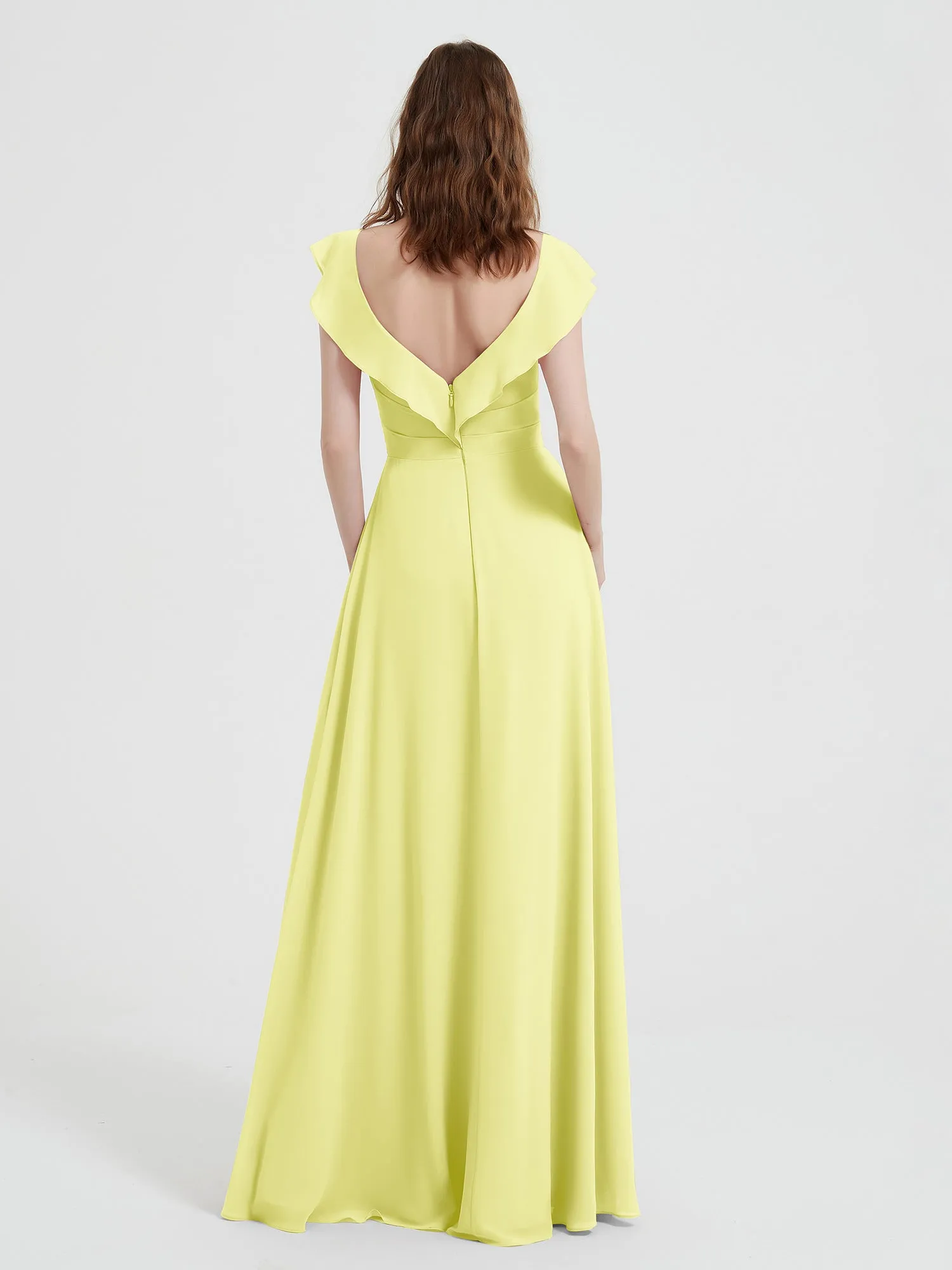 A-line Flutter Sleeves Chiffon Pleated Dress Daffodil