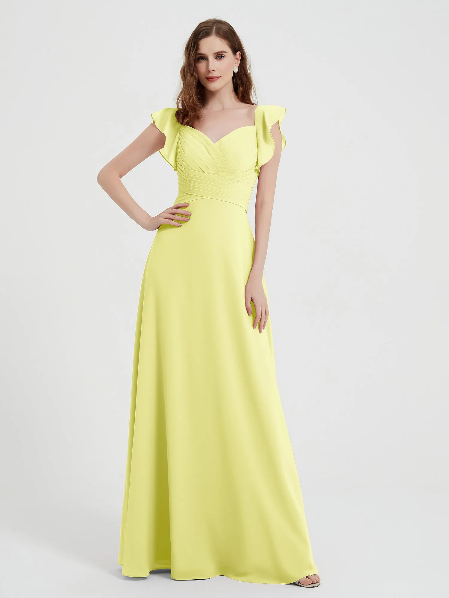 A-line Flutter Sleeves Chiffon Pleated Dress Daffodil