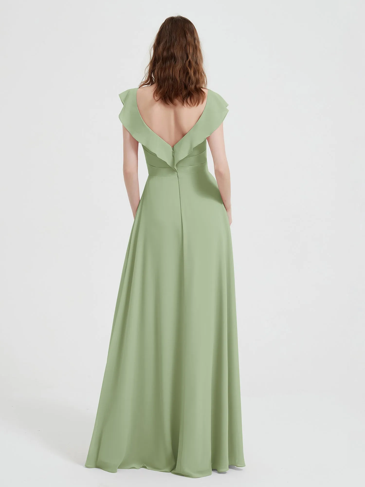 A-line Flutter Sleeves Chiffon Pleated Dress Dusty Sage