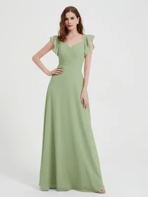 A-line Flutter Sleeves Chiffon Pleated Dress Dusty Sage