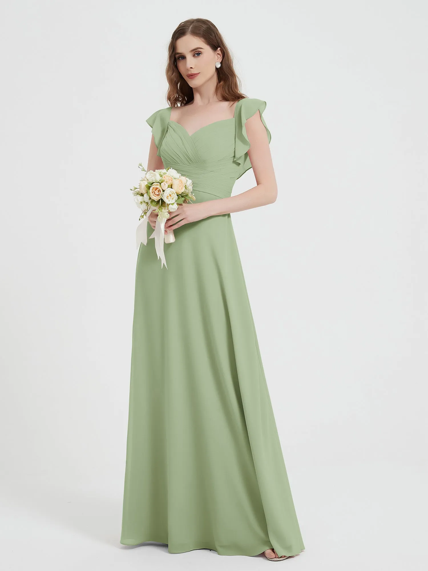 A-line Flutter Sleeves Chiffon Pleated Dress Dusty Sage