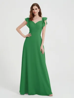 A-line Flutter Sleeves Chiffon Pleated Dress Emerald Plus Size