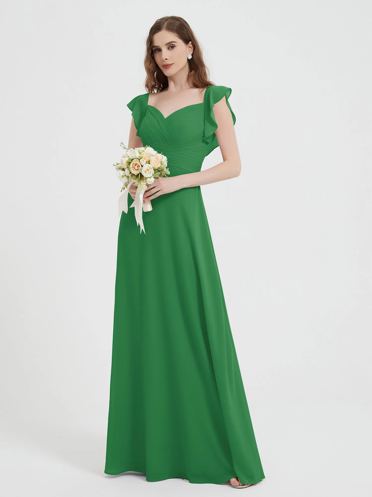 A-line Flutter Sleeves Chiffon Pleated Dress Emerald Plus Size