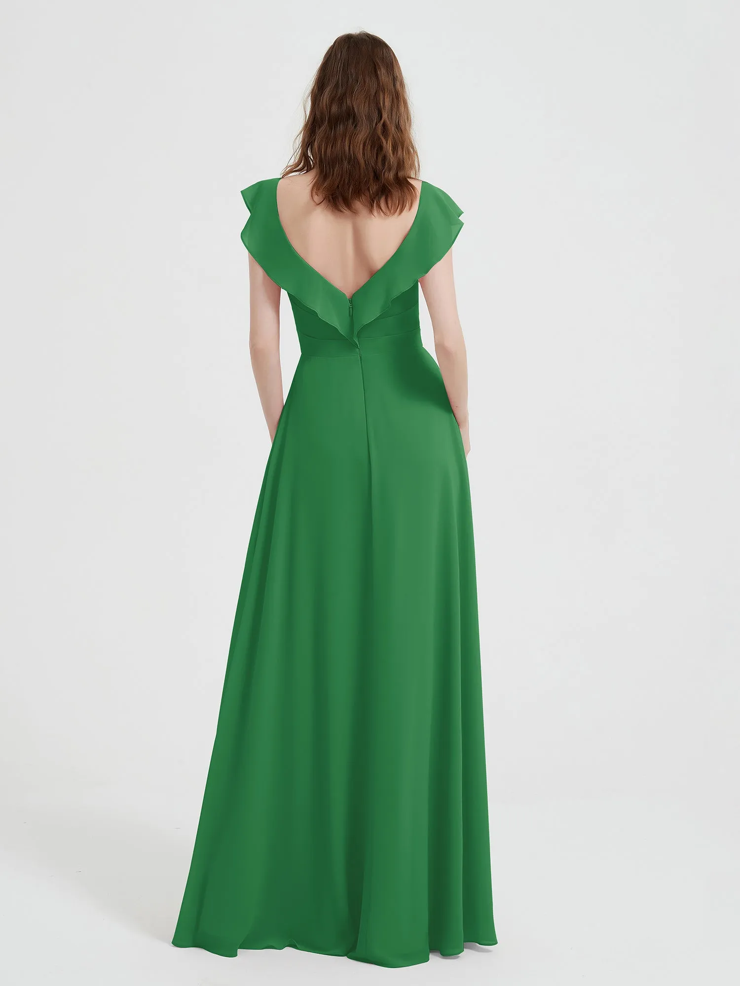 A-line Flutter Sleeves Chiffon Pleated Dress Emerald Plus Size