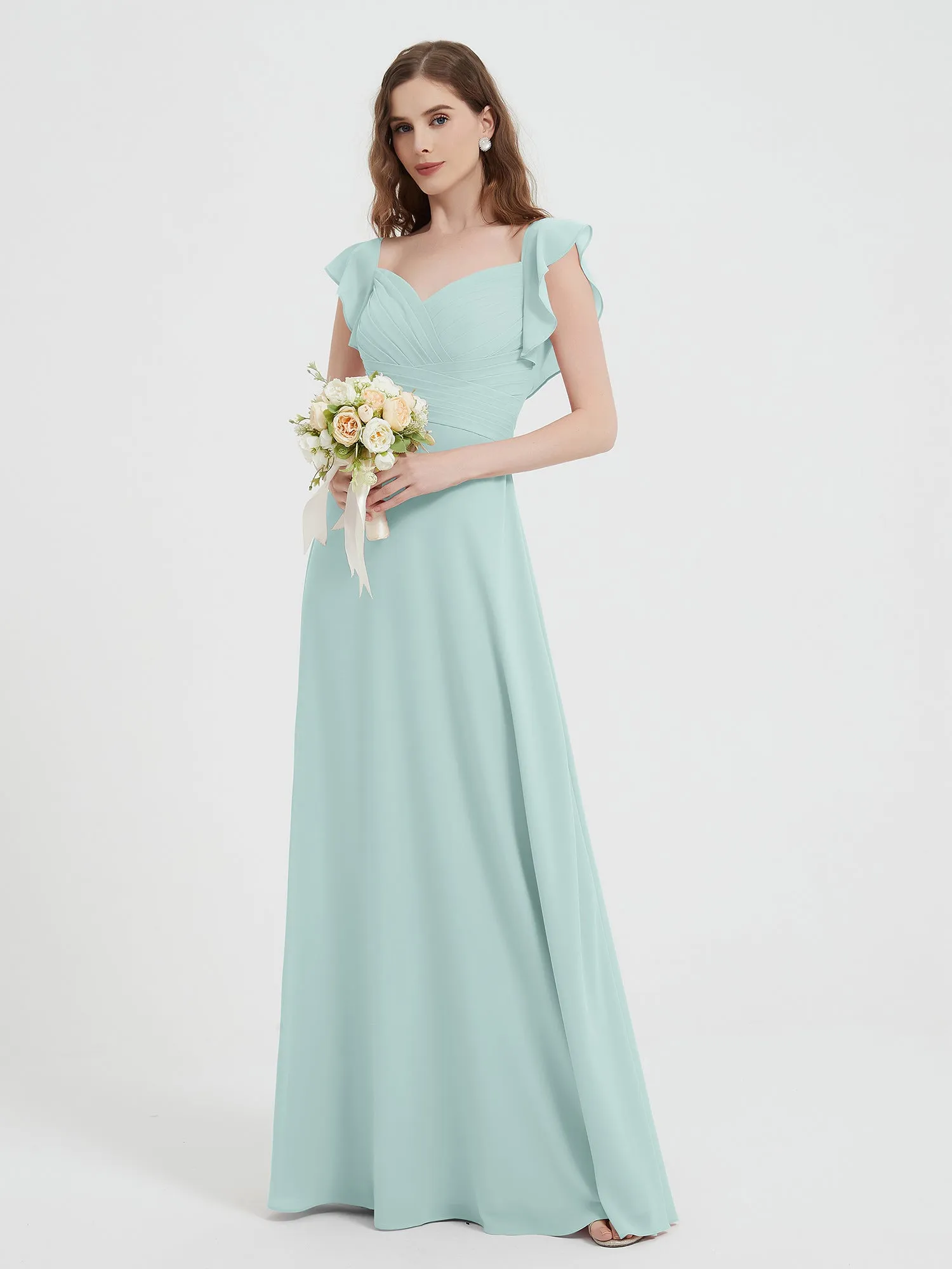A-line Flutter Sleeves Chiffon Pleated Dress Mist