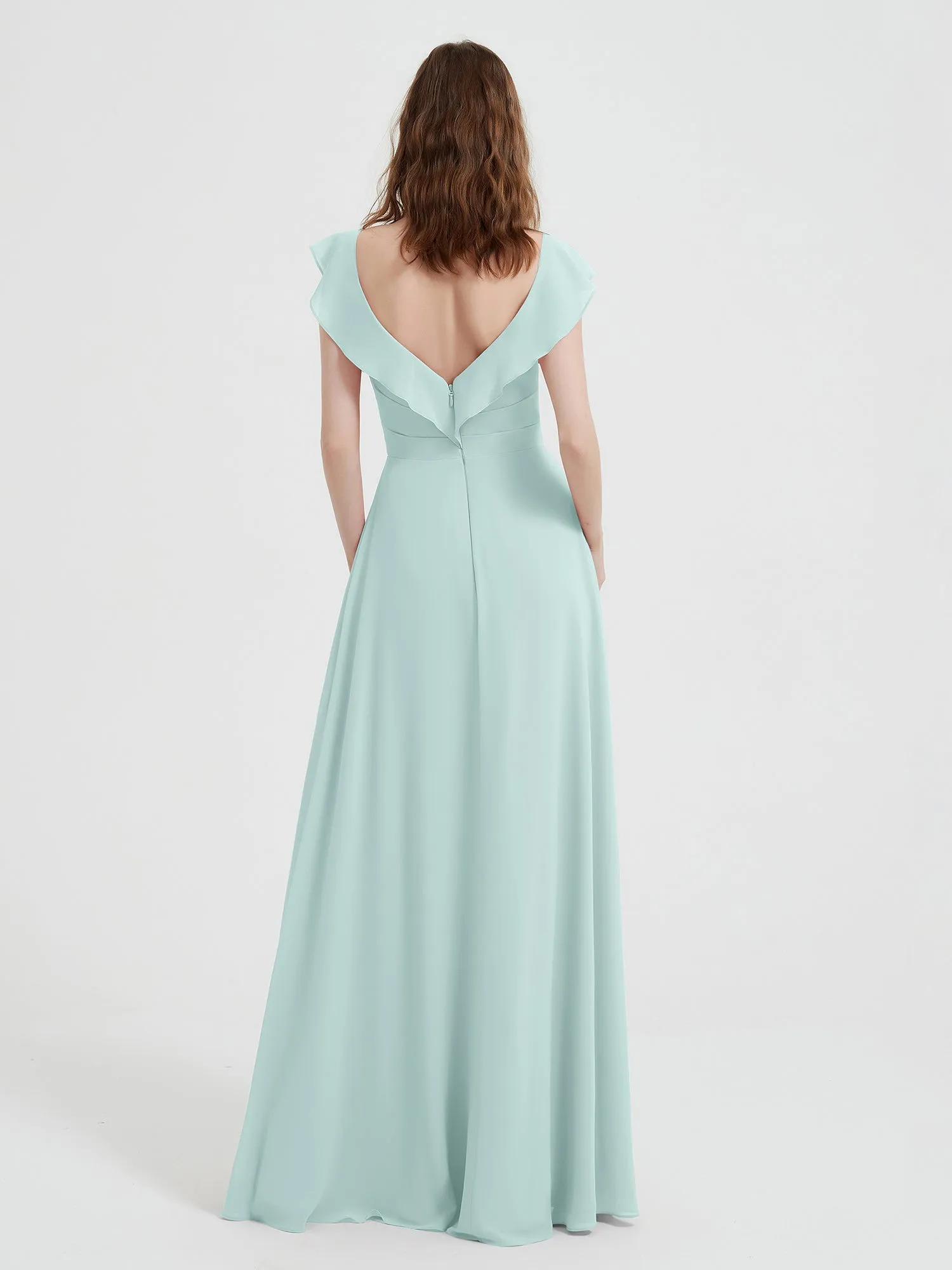 A-line Flutter Sleeves Chiffon Pleated Dress Mist