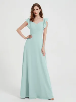 A-line Flutter Sleeves Chiffon Pleated Dress Mist
