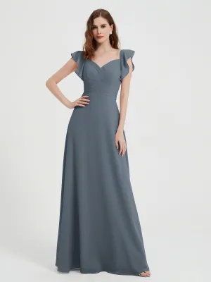 A-line Flutter Sleeves Chiffon Pleated Dress Slate Blue Plus Size
