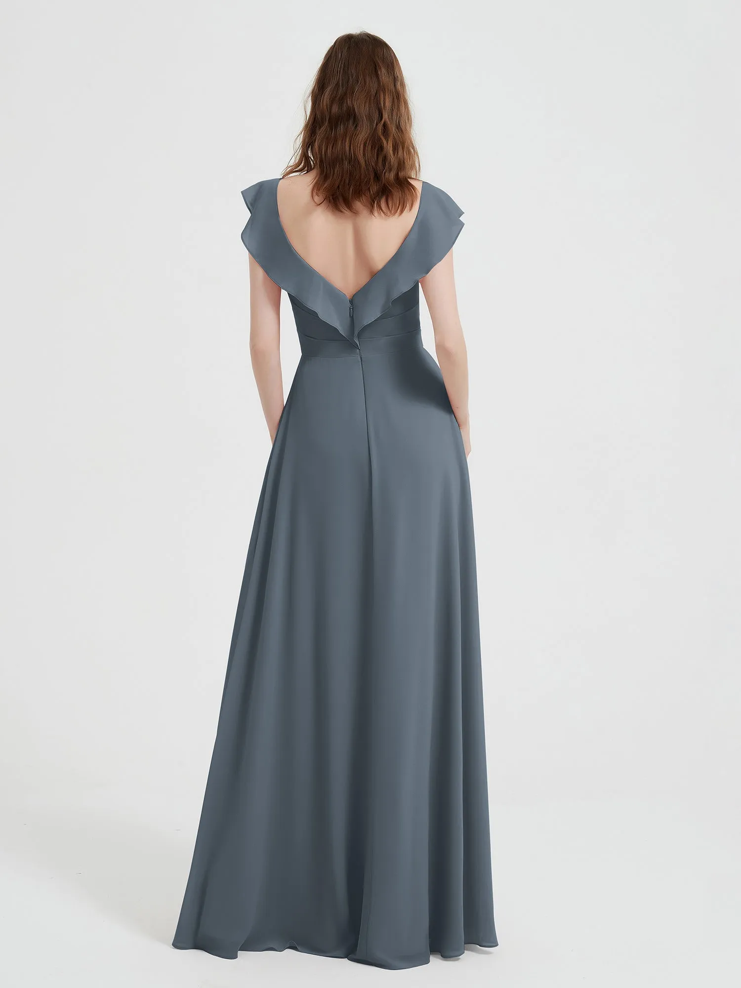 A-line Flutter Sleeves Chiffon Pleated Dress Slate Blue Plus Size