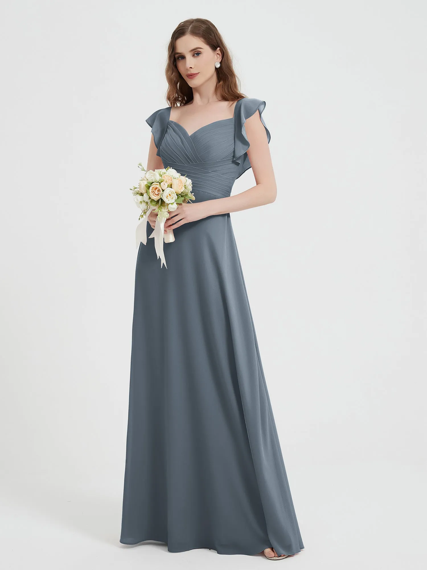 A-line Flutter Sleeves Chiffon Pleated Dress Slate Blue Plus Size