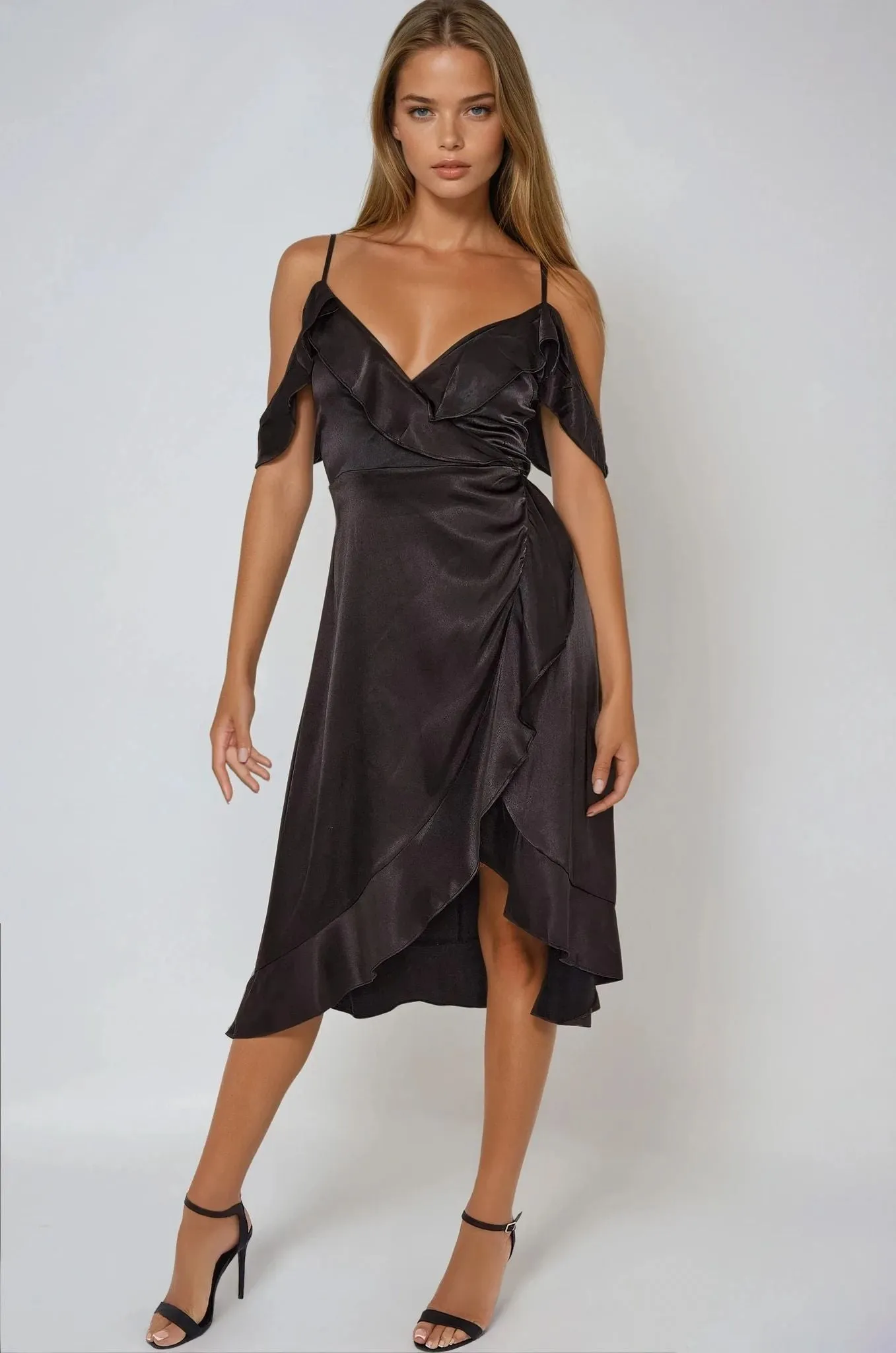 Aftershock London Black Off Shoulder Satin Midi Dress