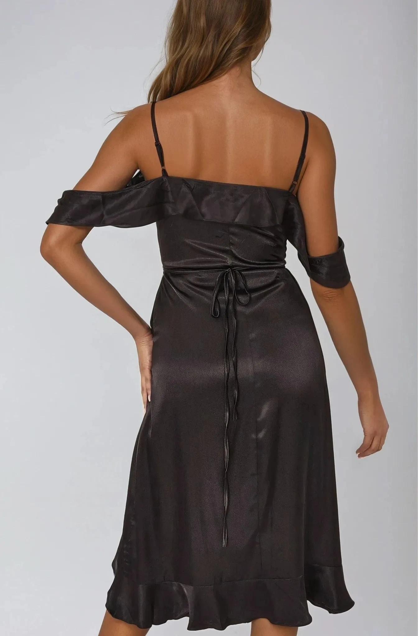 Aftershock London Black Off Shoulder Satin Midi Dress