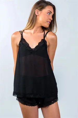 Black Lace Racerback Cami And Shorts Pajama Set /3-2-1