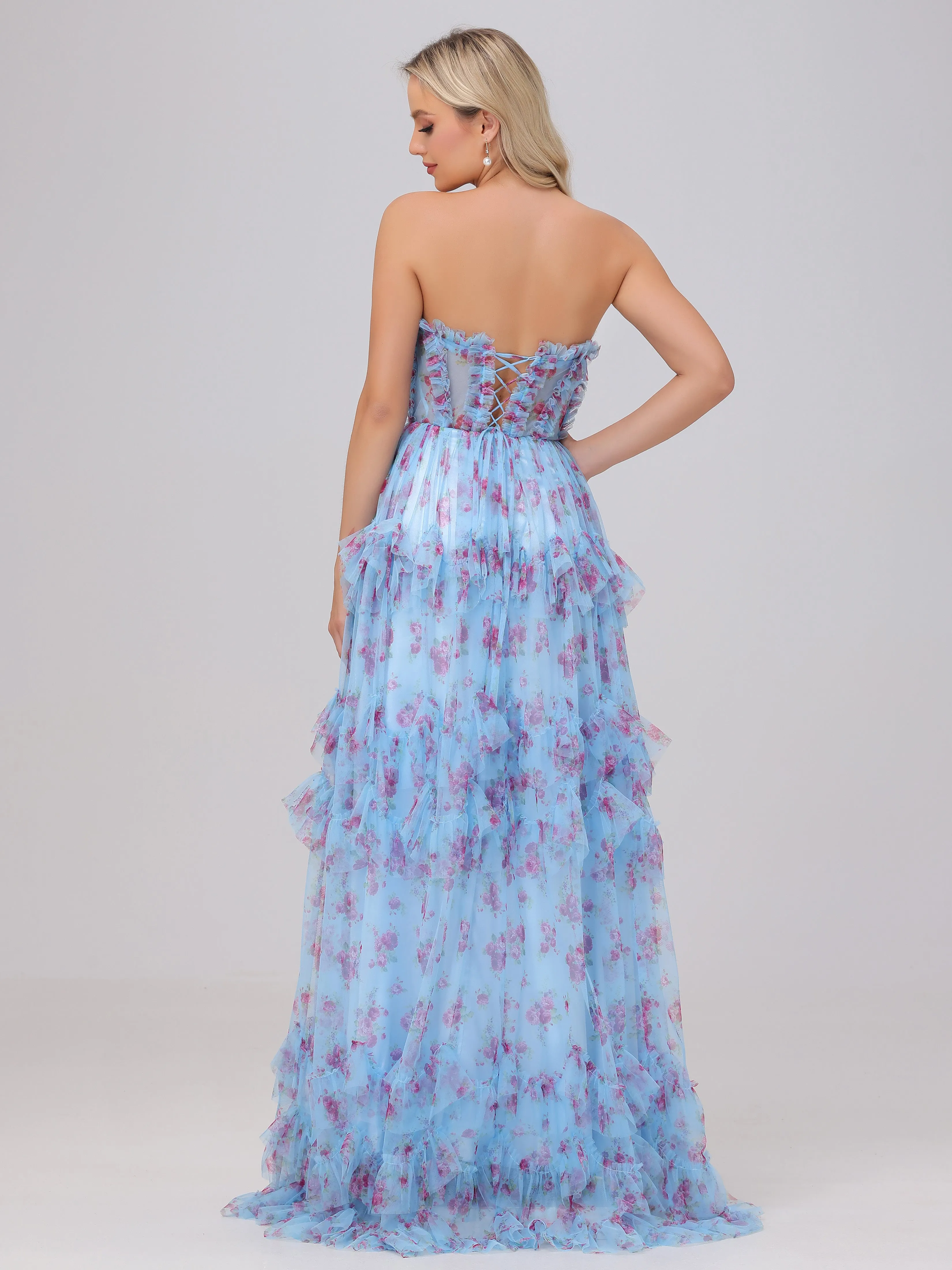 Blue A-Line Strapless Tulle Floral Bridesmaid Dresses