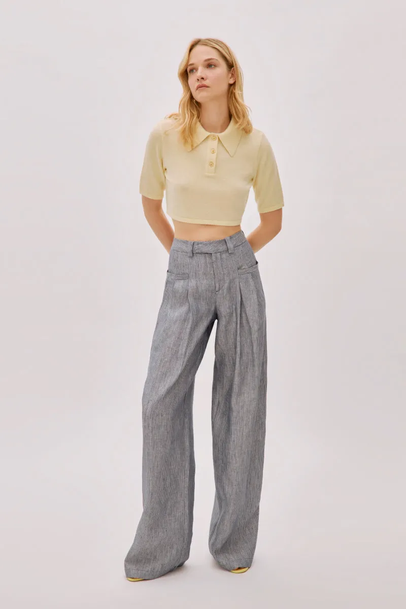 CANDICE NAVY LINEN-BLEND STRIPED PANTS