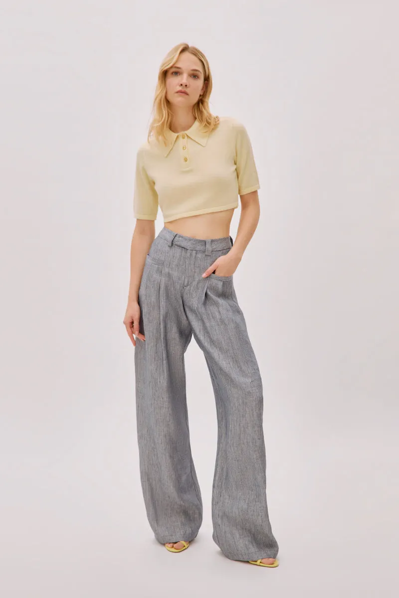 CANDICE NAVY LINEN-BLEND STRIPED PANTS