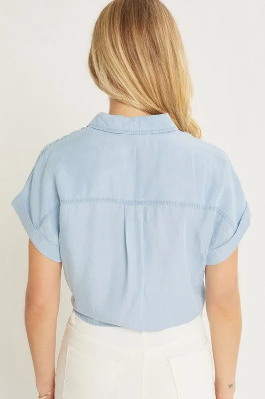 Chambre Tie Front Crop Top Short Sleeve Button Up in Blue