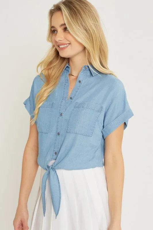 Chambre Tie Front Crop Top Short Sleeve Button Up in Blue
