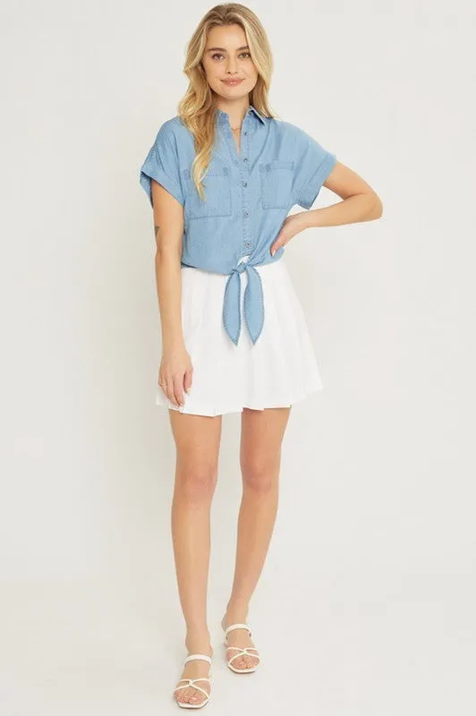 Chambre Tie Front Crop Top Short Sleeve Button Up in Blue