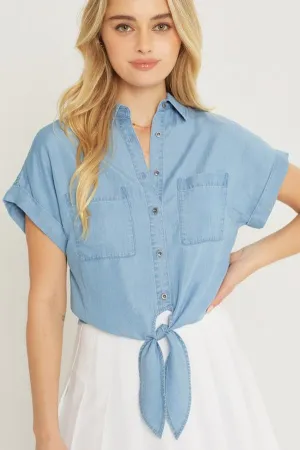 Chambre Tie Front Crop Top Short Sleeve Button Up in Blue