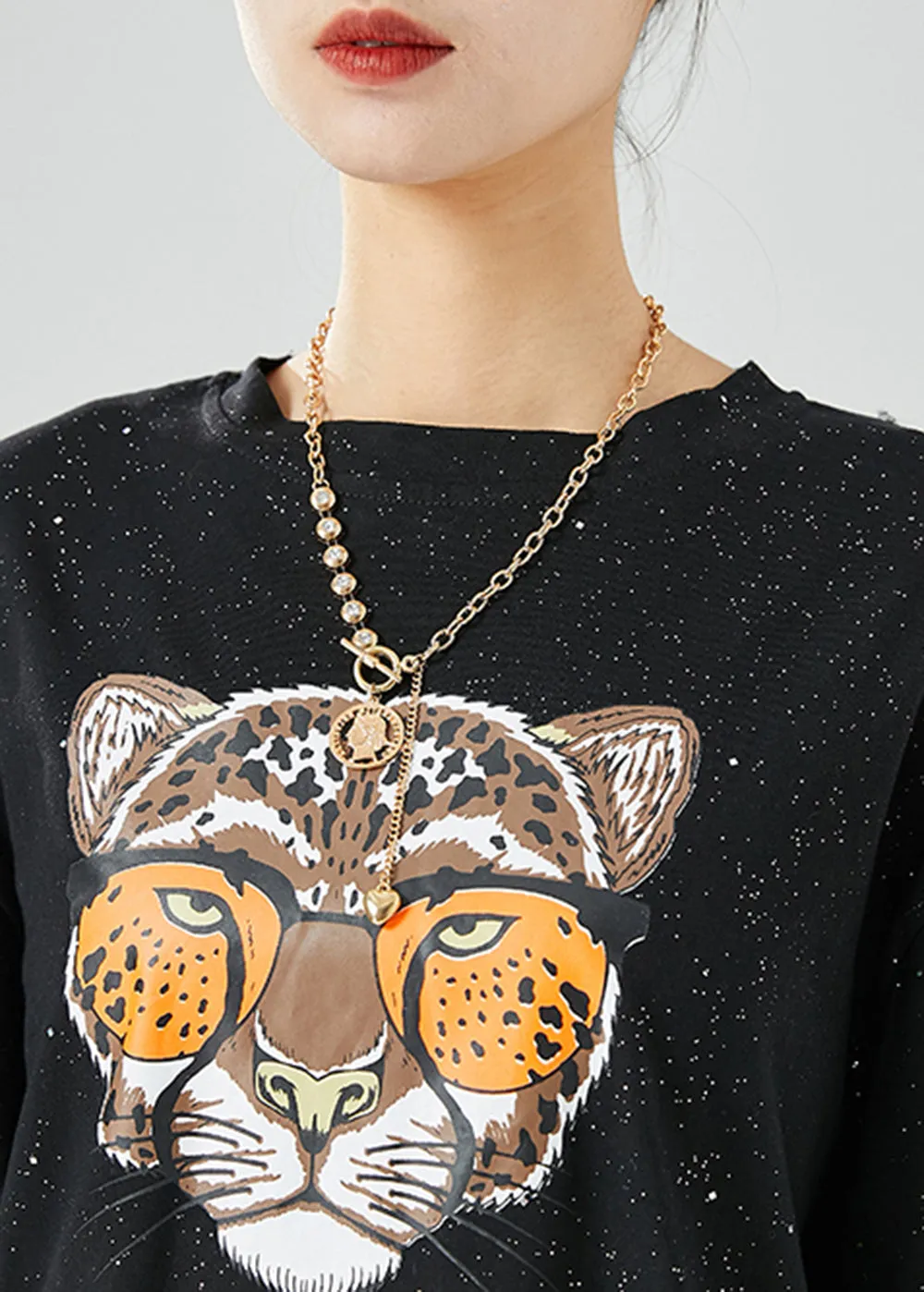 Chic Black Oversized Tiger Print Side Open Cotton Tank Tops Summer LY6128
