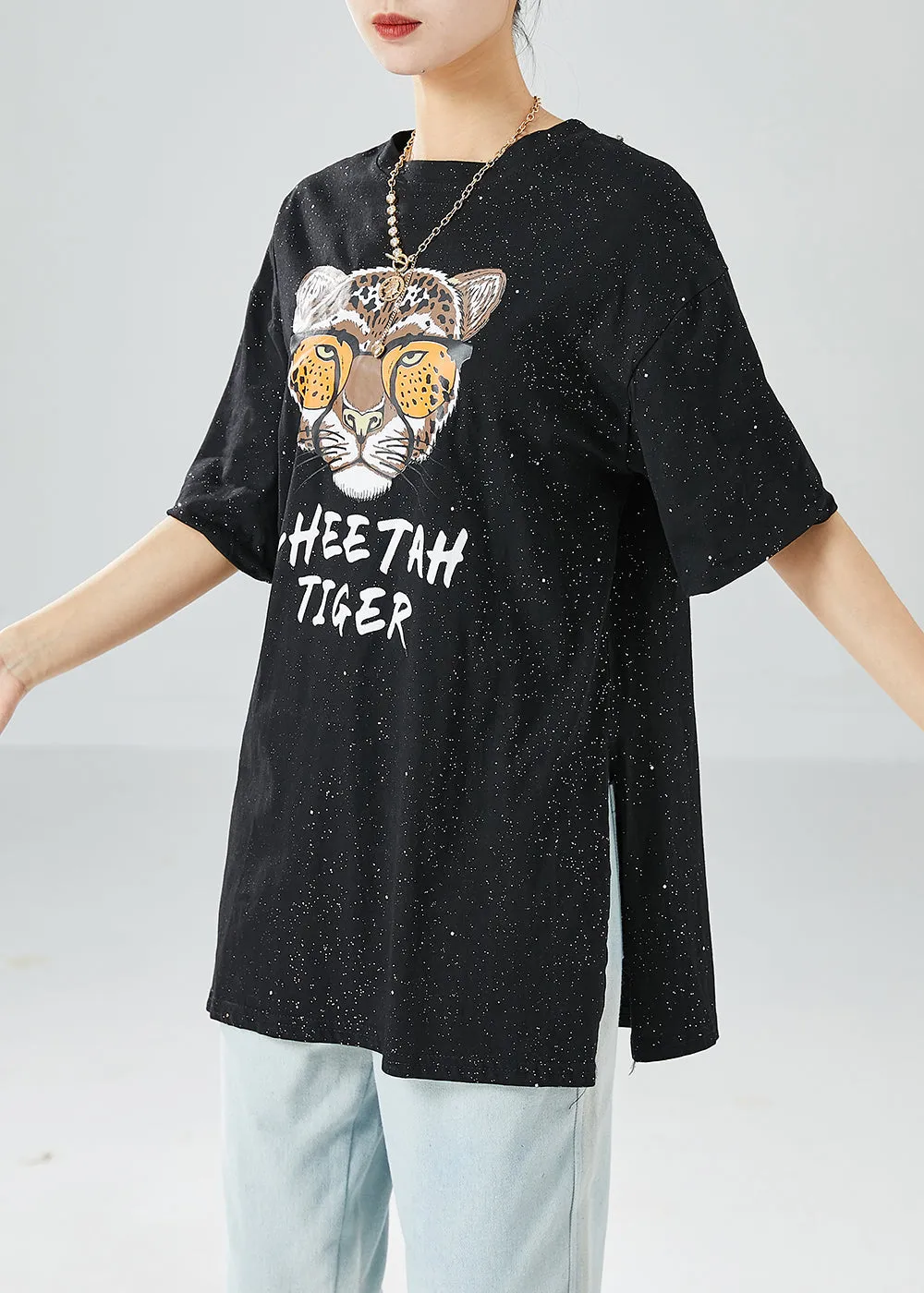 Chic Black Oversized Tiger Print Side Open Cotton Tank Tops Summer LY6128