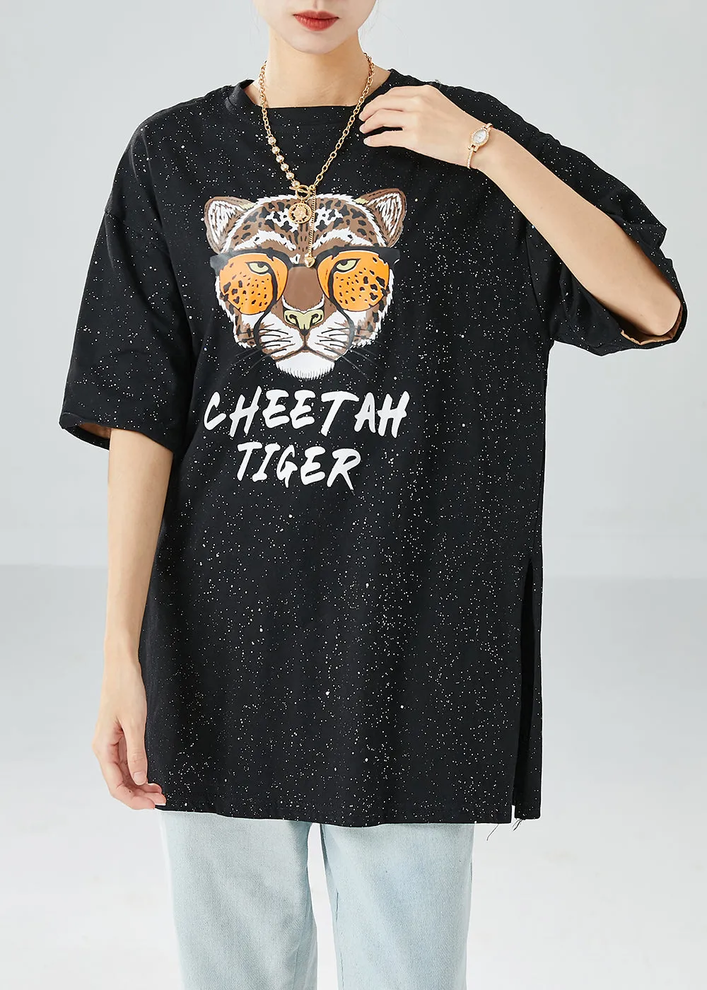 Chic Black Oversized Tiger Print Side Open Cotton Tank Tops Summer LY6128