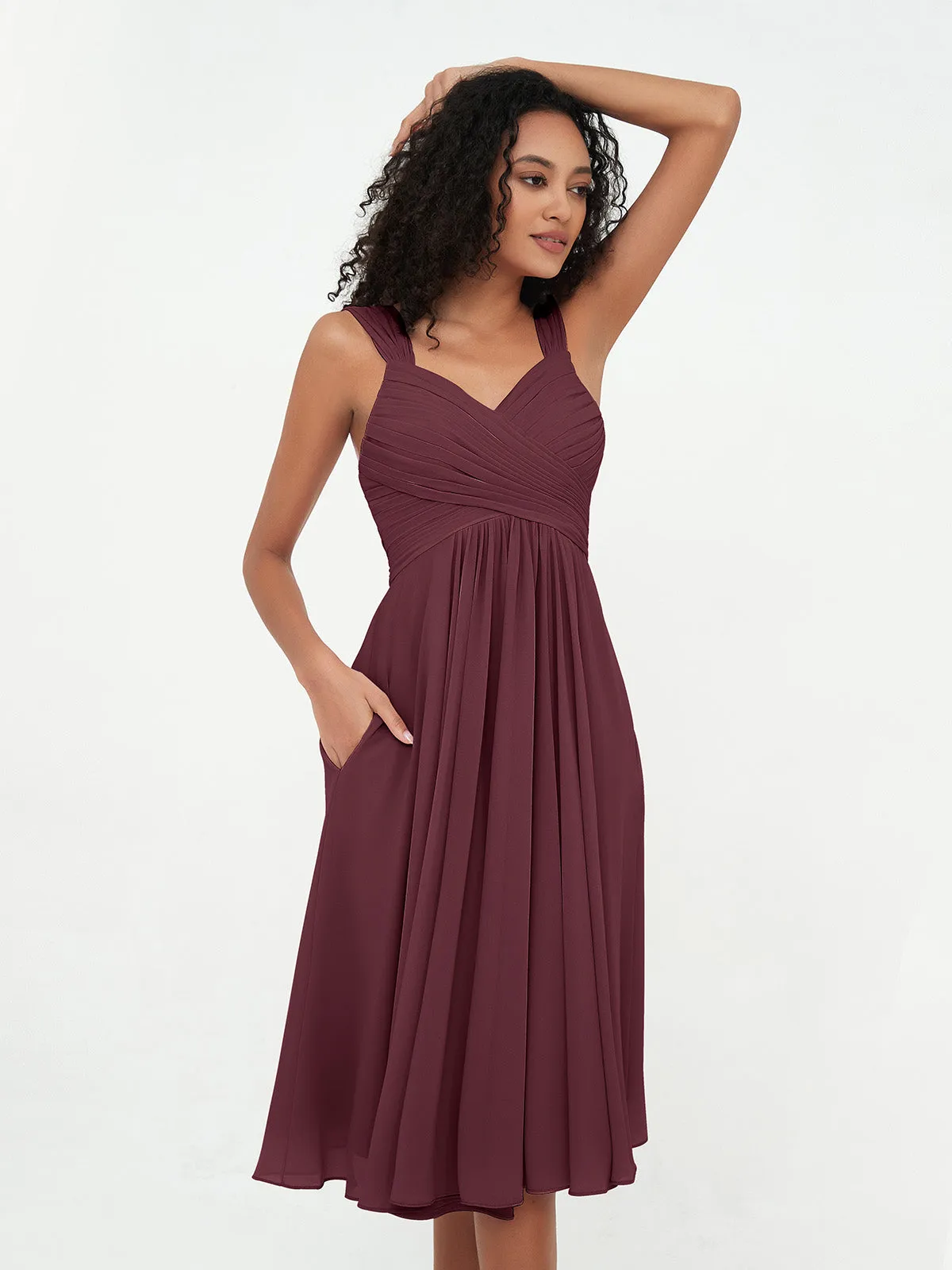 Chiffon Empire Short Dresses with Pockets-Cabernet