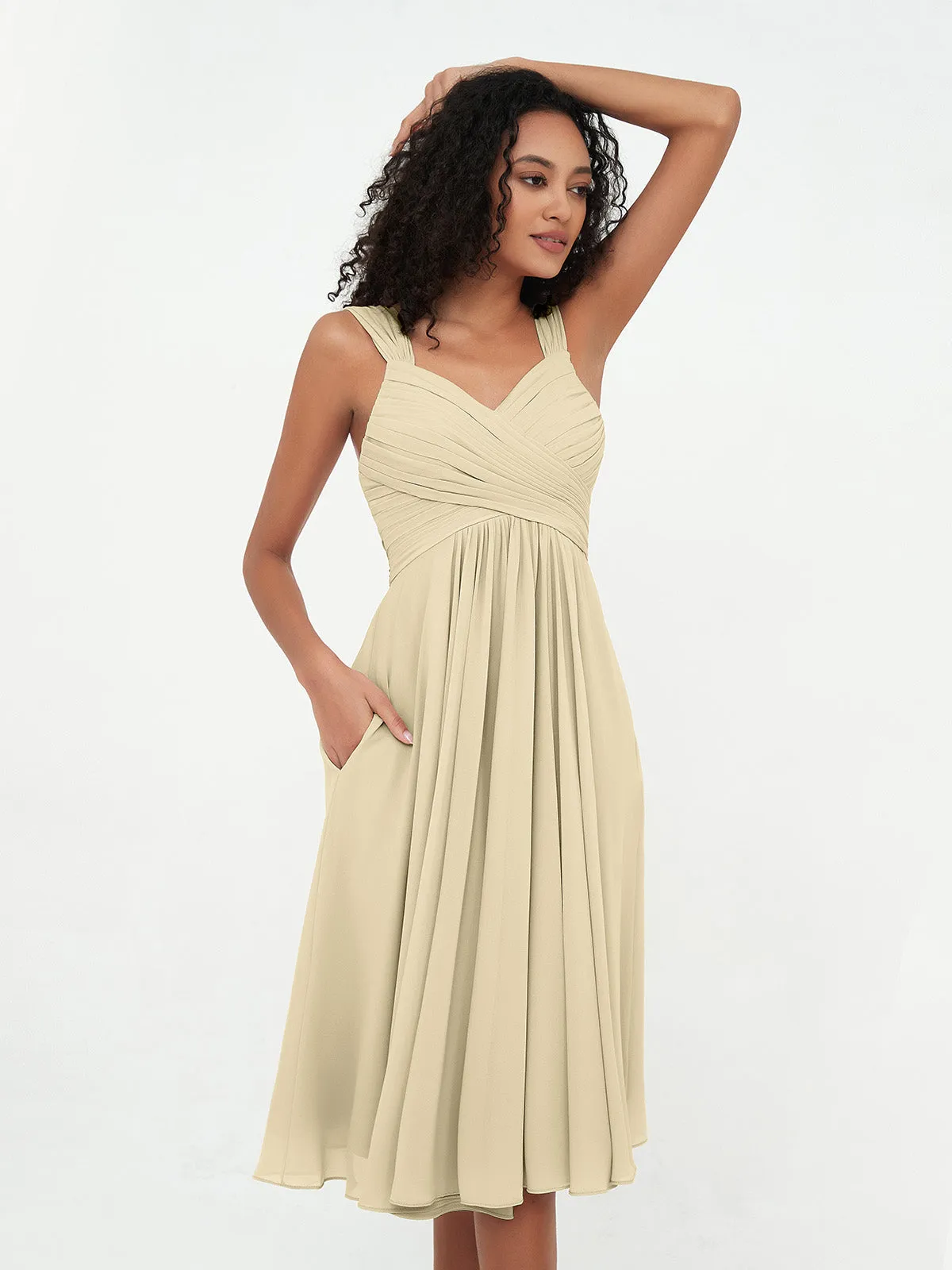 Chiffon Empire Short Dresses with Pockets-Champagne