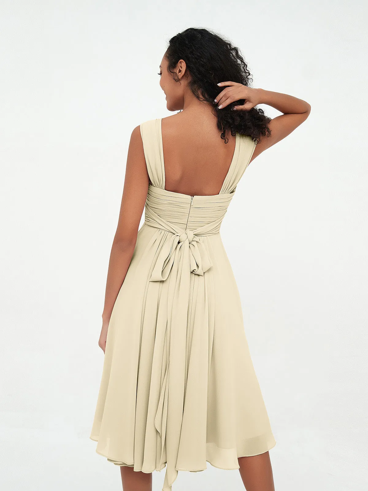 Chiffon Empire Short Dresses with Pockets-Champagne