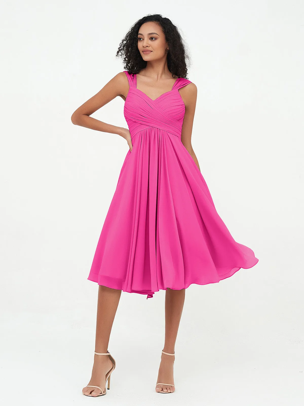 Chiffon Empire Short Dresses with Pockets-Fuchsia Plus Size