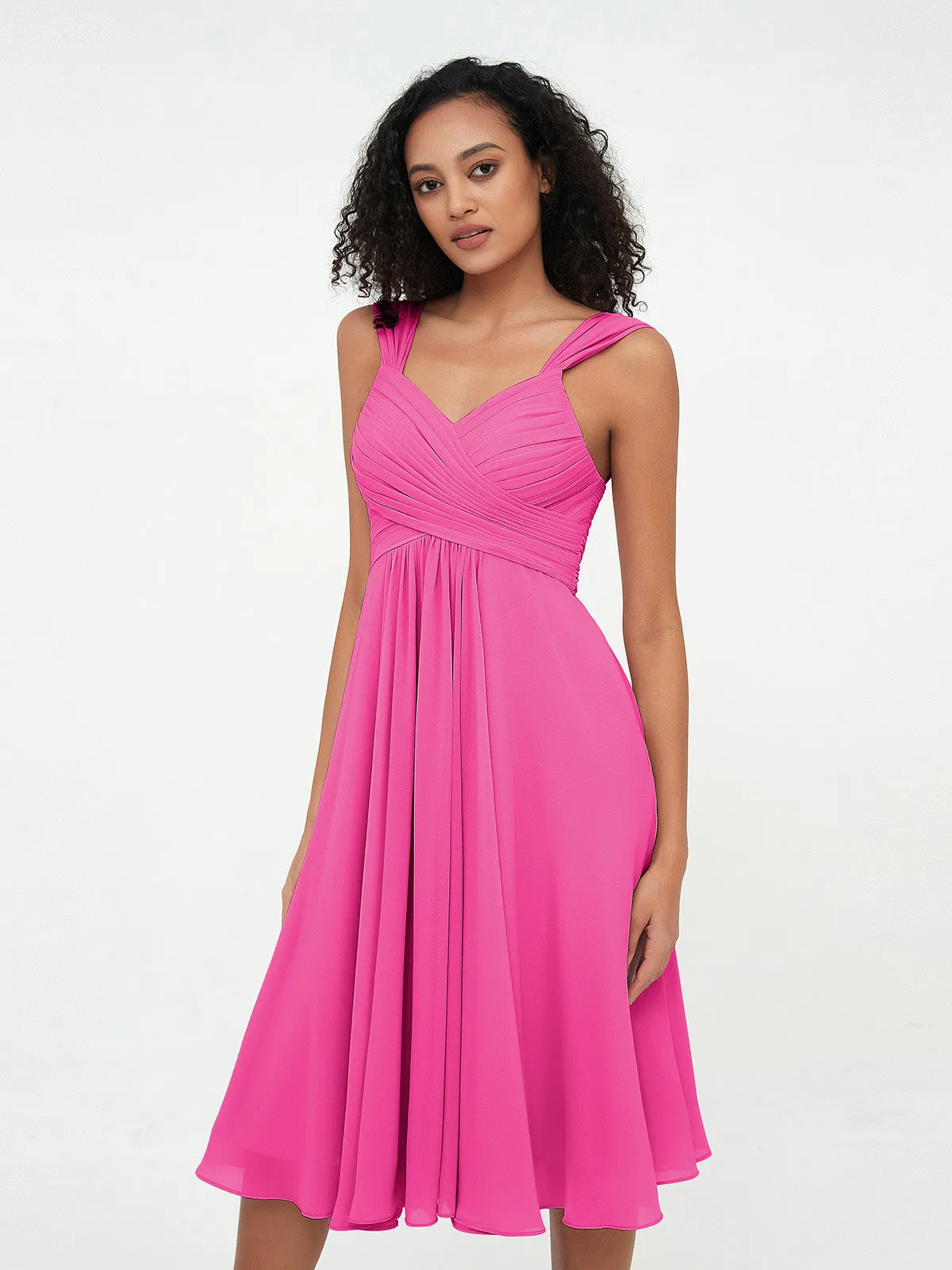 Chiffon Empire Short Dresses with Pockets-Fuchsia Plus Size