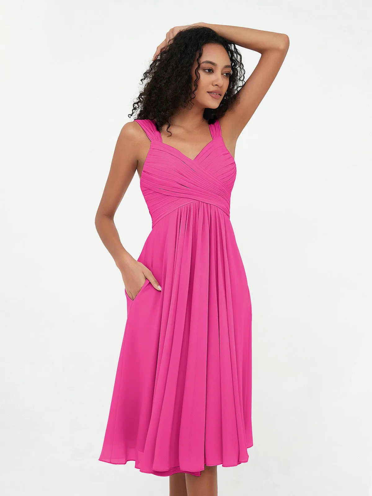 Chiffon Empire Short Dresses with Pockets-Fuchsia Plus Size