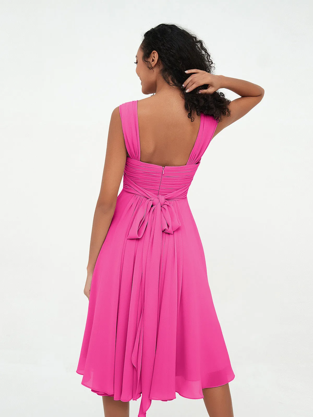 Chiffon Empire Short Dresses with Pockets-Fuchsia Plus Size