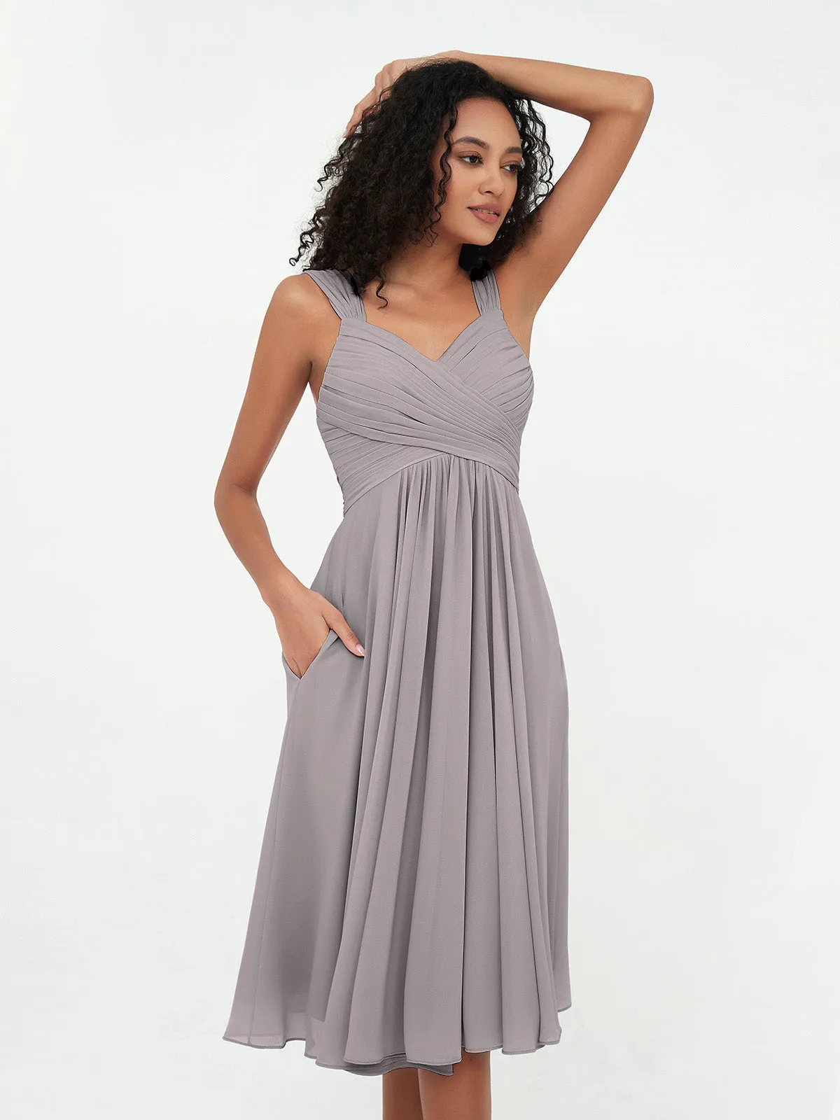 Chiffon Empire Short Dresses with Pockets-Silver Plus Size