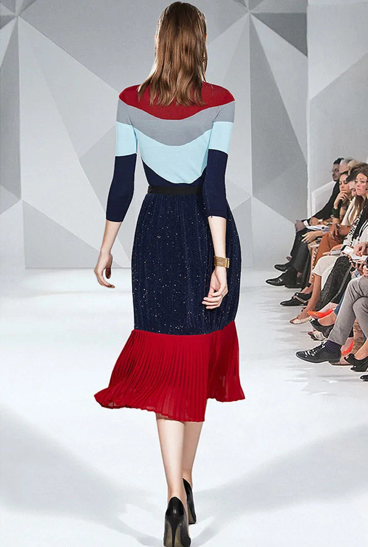 Colorblocked Knit Top Pullover   Midi Pleated Skirt Suits