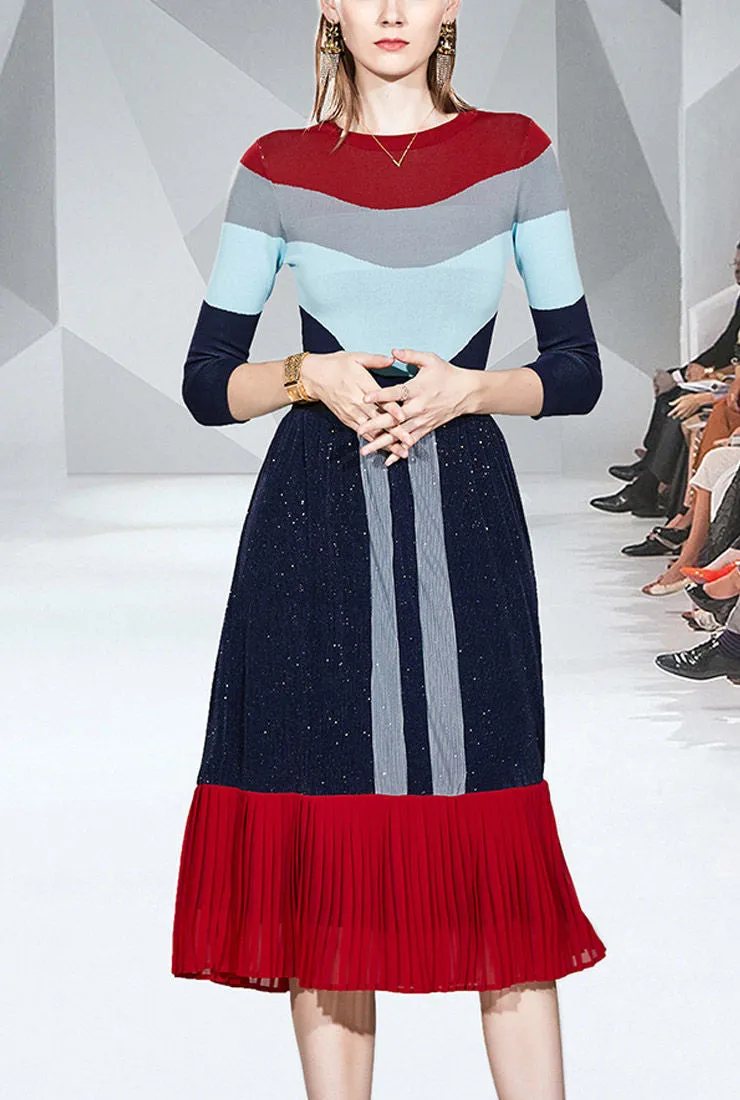 Colorblocked Knit Top Pullover   Midi Pleated Skirt Suits