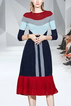 Colorblocked Knit Top Pullover   Midi Pleated Skirt Suits