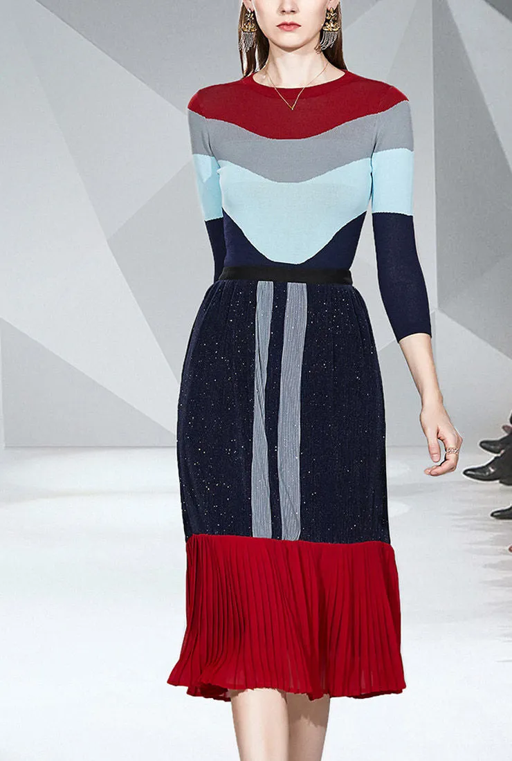 Colorblocked Knit Top Pullover   Midi Pleated Skirt Suits
