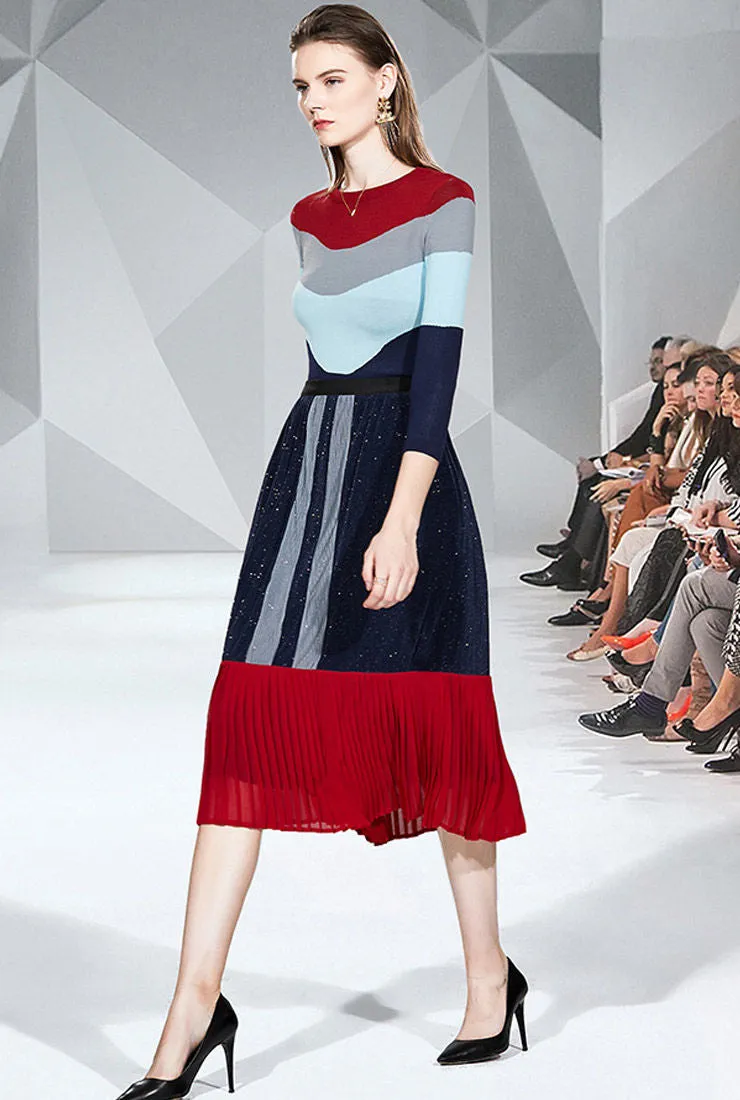 Colorblocked Knit Top Pullover   Midi Pleated Skirt Suits