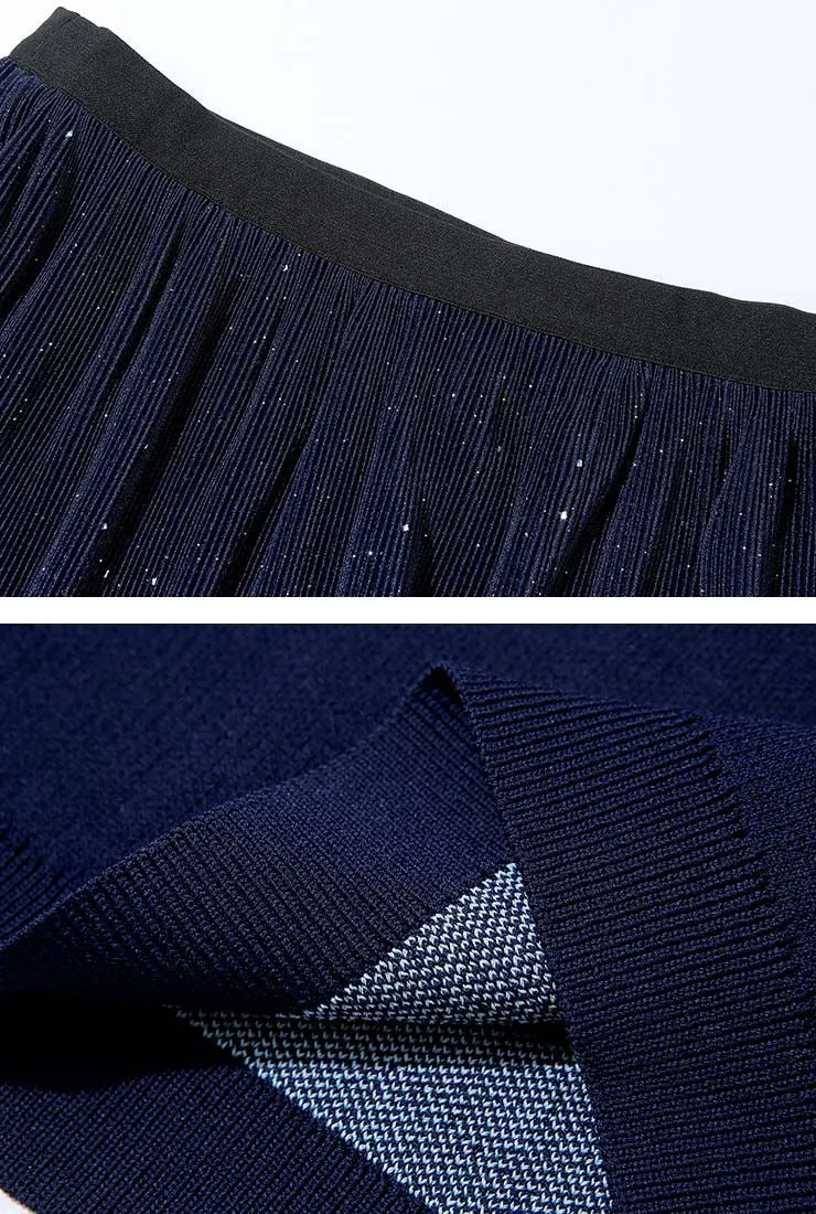 Colorblocked Knit Top Pullover   Midi Pleated Skirt Suits